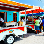 **

"A vibrant street food scene in San Pedro, Belize. A local vendor is selling fry jacks from a colorful cart. Tourists and locals are gathered around, enjoying the food. Focus on the food and the bustling atmosphere. Safe for work, appropriate content, fully clothed, professional photography, natural lighting, family-friendly."

**