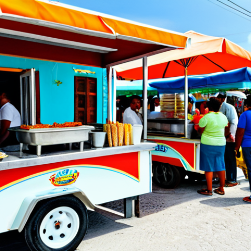 **

"A vibrant street food scene in San Pedro, Belize. A local vendor is selling fry jacks from a colorful cart. Tourists and locals are gathered around, enjoying the food. Focus on the food and the bustling atmosphere. Safe for work, appropriate content, fully clothed, professional photography, natural lighting, family-friendly."

**
