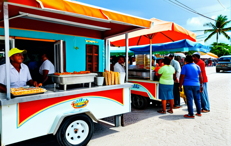 **
"A vibrant street food scene in San Pedro, Belize. A local vendor is selling fry jacks from a colorful cart. Tourists and locals are gathered around, enjoying the food. Focus on the food and the bustling atmosphere. Safe for work, appropriate content, fully clothed, professional photography, natural lighting, family-friendly."
**